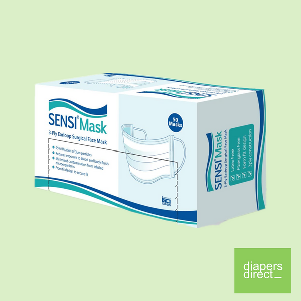 SENSI 3 Ply Earloop Surgical Face Mask (50 pcs per box/ 6 pcs per pack) - Blue/ White/ Green